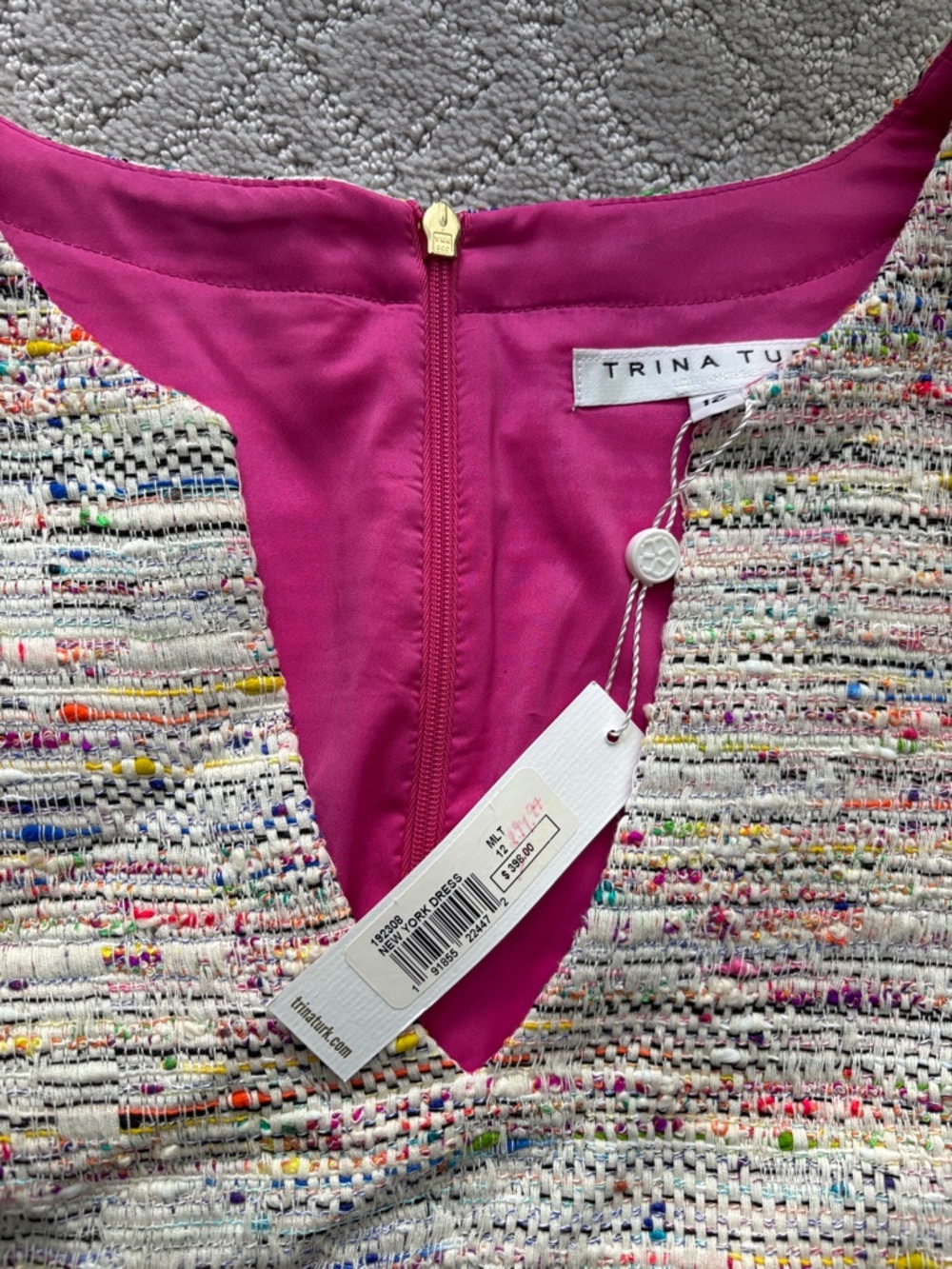 Trina Turk Cream Multicolor Tweed Shift Dress with Fuchsia Accents - Picture 6 of 16